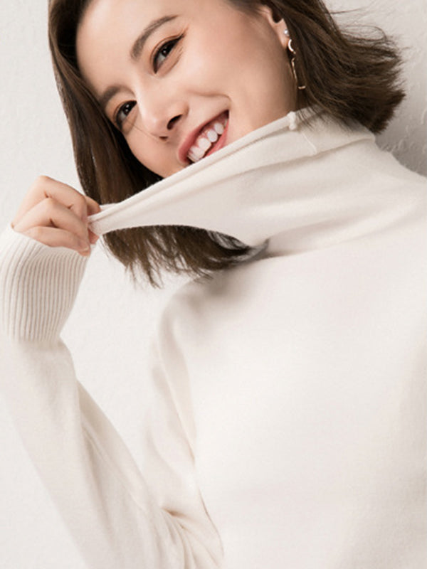 Simple Loose Long Sleeves Solid Color High-Neck Sweater Tops