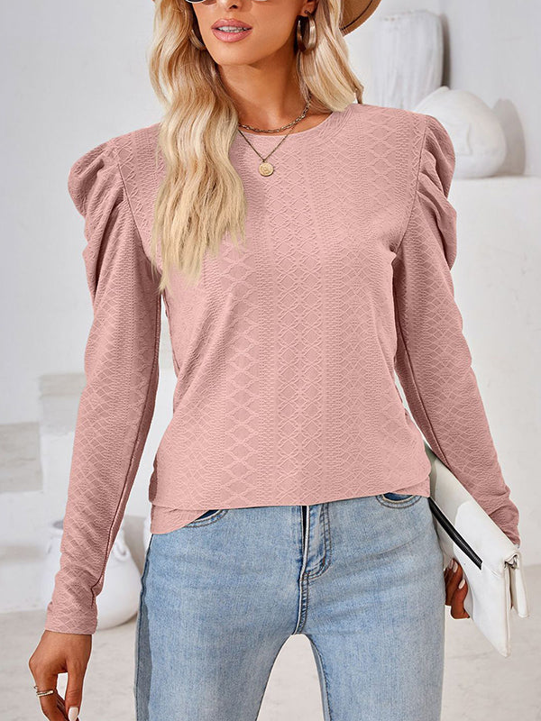 Long Sleeves Loose Pleated Solid Color Round-Neck T-Shirts Tops