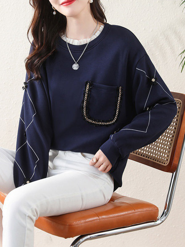 Long Sleeves Loose Chains Pockets Ruffled Split-Joint Three-Dimensional Flower Round-Neck T-Shirts Tops