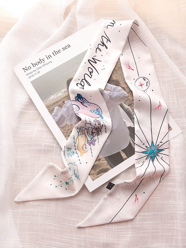 Original Flower&Letter Print Hair Band&Silk Scarf