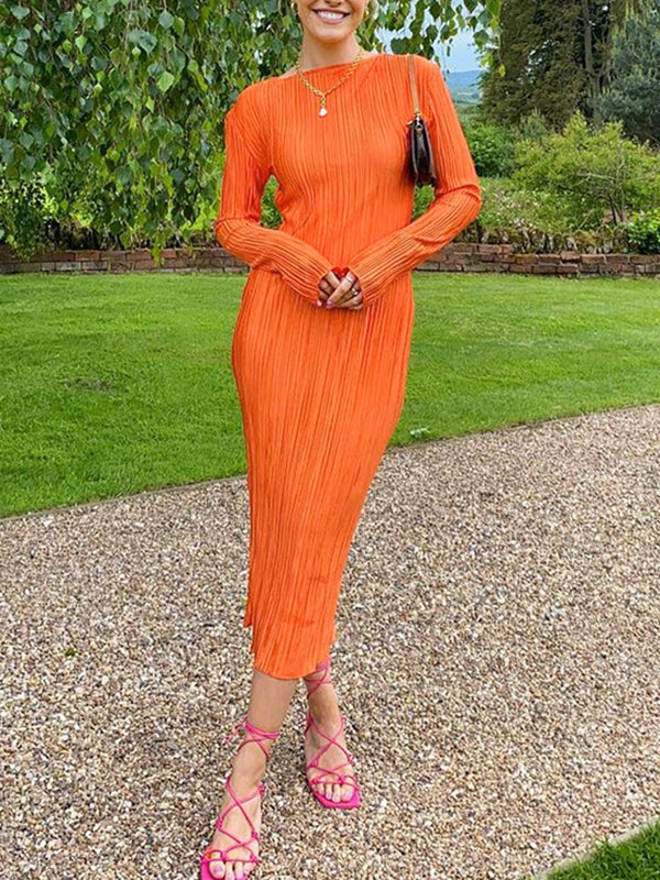 Long Sleeves Skinny Pleated Solid Color Split-Joint Round-Neck Maxi Dresses