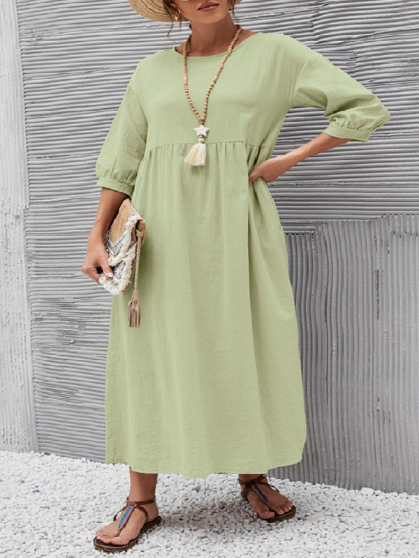 11 Colors Simple Round-Neck Solid Color Midi Dress