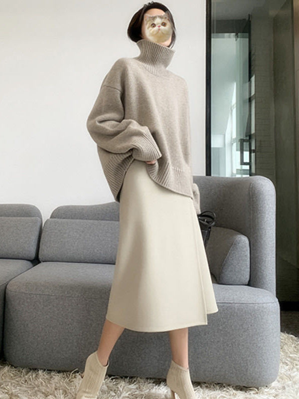 Casual Loose Long Sleeves Solid Color High-Neck Sweater Tops