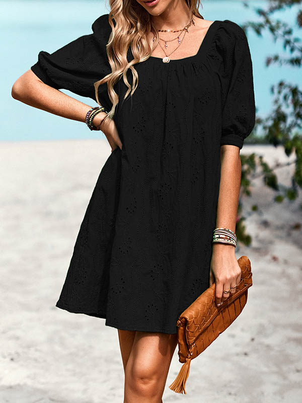 Loose Puff Sleeves Jacquard Solid Color Square-Neck Mini Dresses