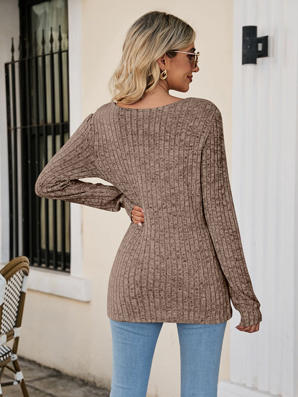 Casual Long Sleeves Skinny Solid Color Square-Neck Sweater Tops