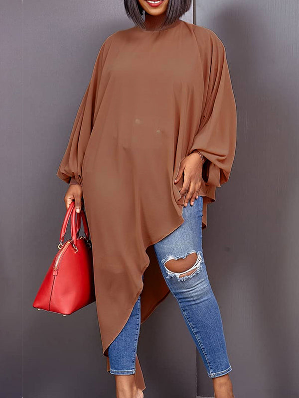 Loose See-Through Long Sleeves Asymmetric Solid Color High-Neck T-Shirts Tops