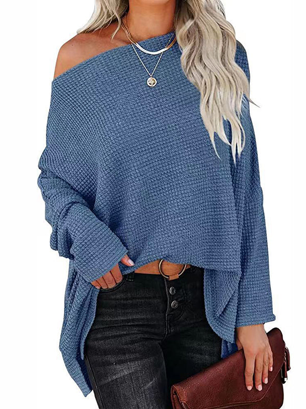 Long Sleeves Loose Solid Color Split-Side Boat Neck T-Shirts