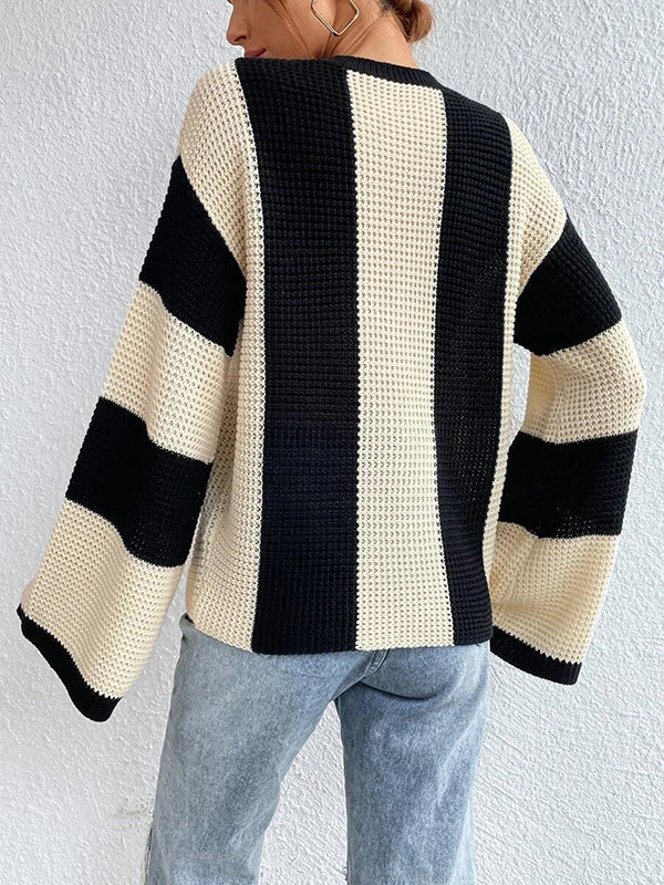 Flared Sleeves Contrast Color Striped Round-Neck Pullovers Sweater Tops