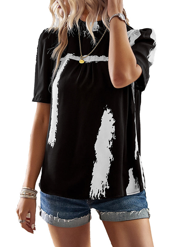 Loose Short Sleeves Printed Split-Joint Mock Neck T-Shirts Tops