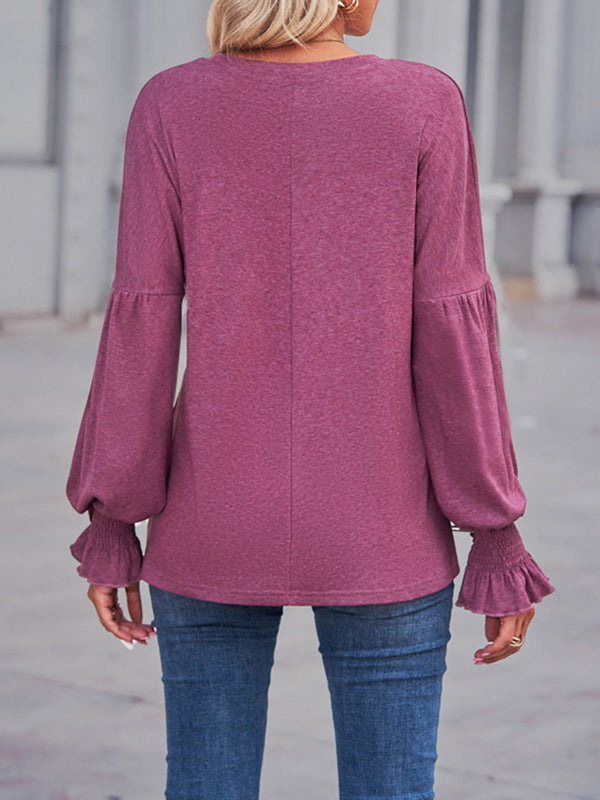 Flared Sleeves Long Sleeves Elasticity Solid Color Round-Neck T-Shirts Tops