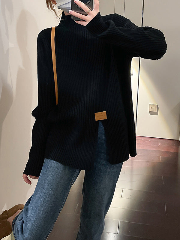 Long Sleeves Loose Split-Front Mock Neck Pullovers Sweater Tops