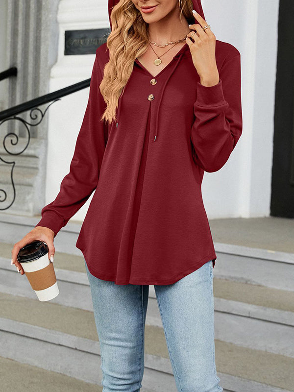 Long Sleeves Loose Buttoned Drawstring Hooded Solid Color V-Neck T-Shirts Tops