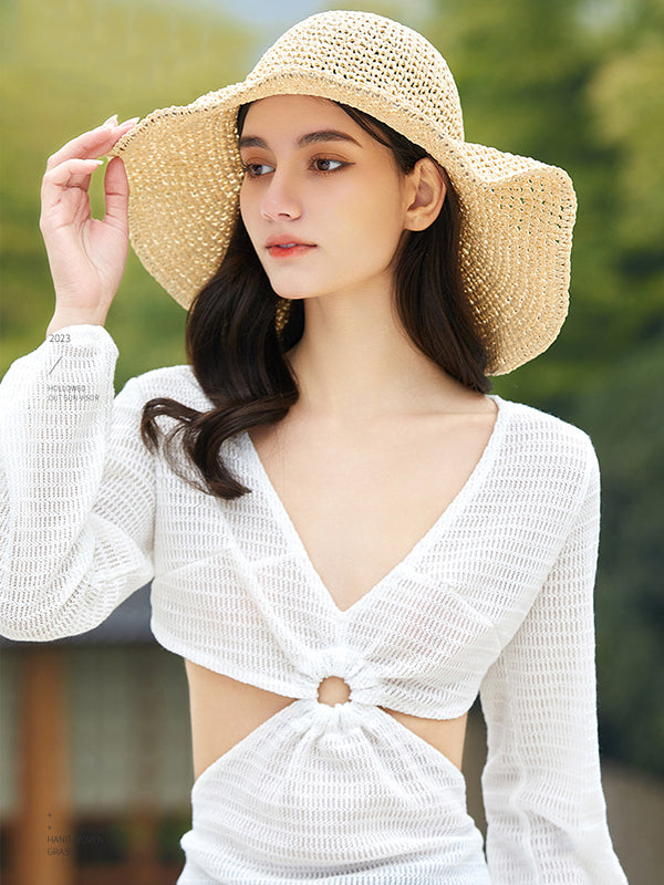 Sun-Protection Hollow Solid Color Wide Side Woven Hats&Caps