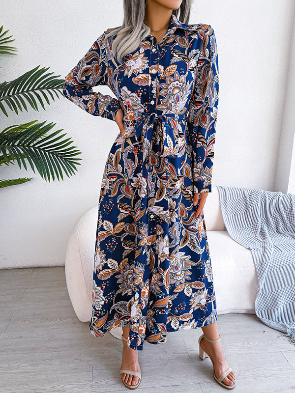 Long Sleeves Buttoned Flower Print Tied Waist Lapel Maxi Dresses