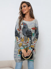 Casual Long Sleeves Loose Cartoon Printed Contrast Color Round-Neck Sweater Tops