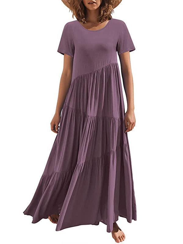 Casual Short Sleeves Loose Solid Color Round-Neck Maxi Dresses