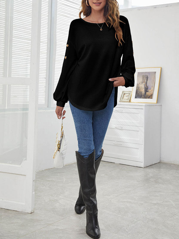 Simple Loose Long Sleeves Solid Color Round-Neck T-Shirts Tops