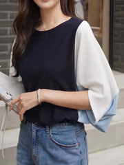 Batwing Sleeves Loose Contrast Color Split-Joint Round-Neck T-Shirts Tops