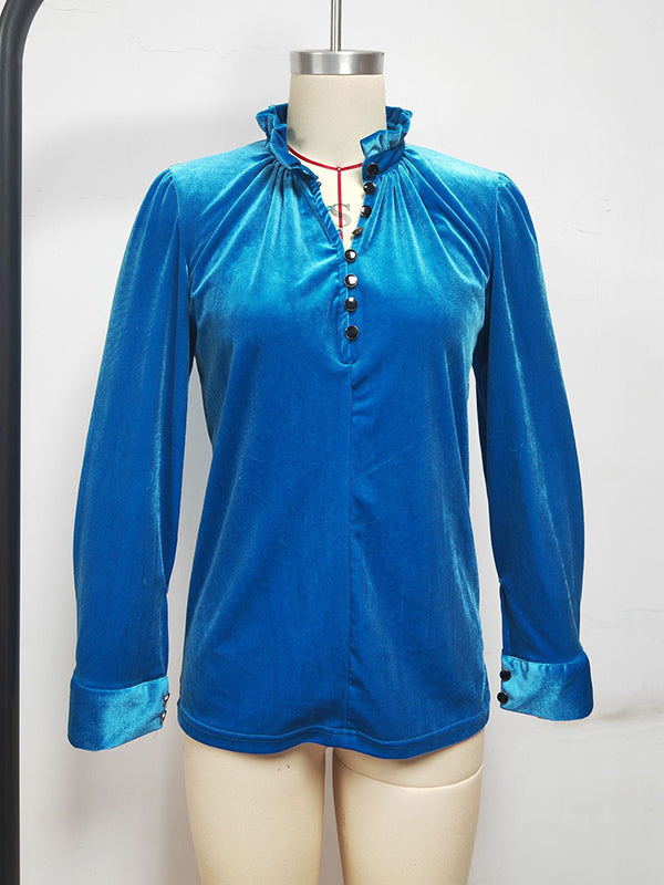 Long Sleeves Loose Buttoned Ruffled Velvet V-Neck T-Shirts Tops