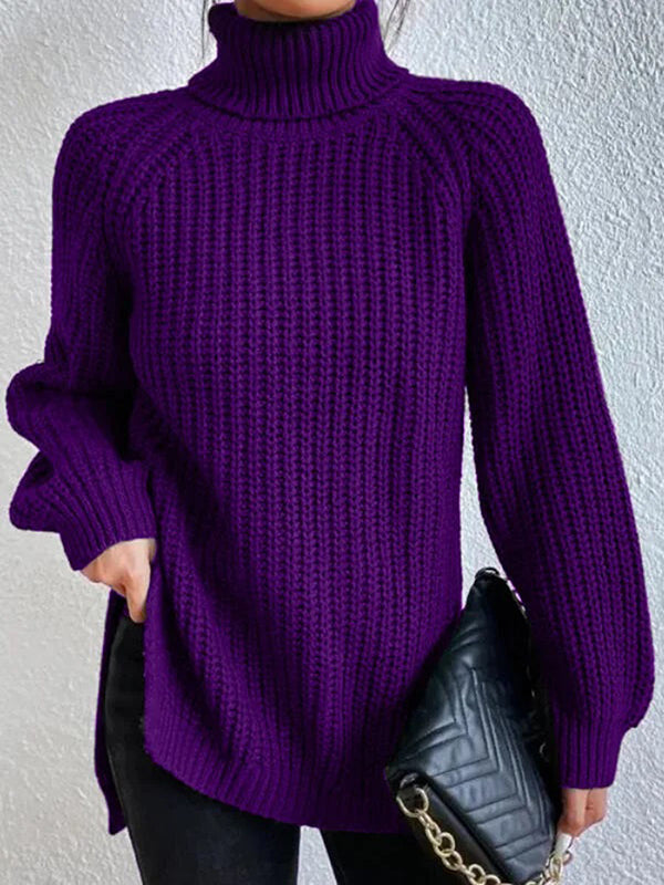 Long Sleeves Loose Solid Color Split-Side High Neck Pullovers Sweater Tops