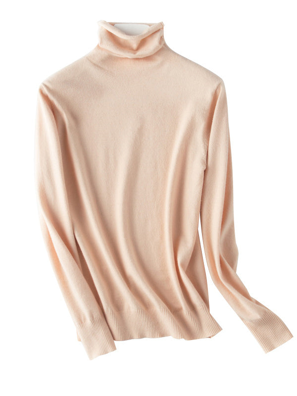 Simple Loose Long Sleeves Solid Color High-Neck Sweater Tops