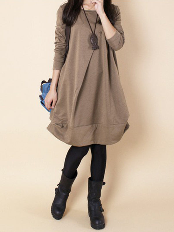 Original Loose Pleated 4 Colors Round-Neck Long Sleeves Short Dress