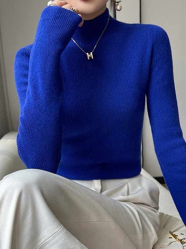 Casual Skinny Long Sleeves Solid Color Half Turtleneck Sweater Tops