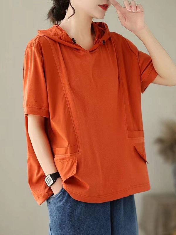 Loose Short Sleeves Solid Color Hooded T-Shirts Tops