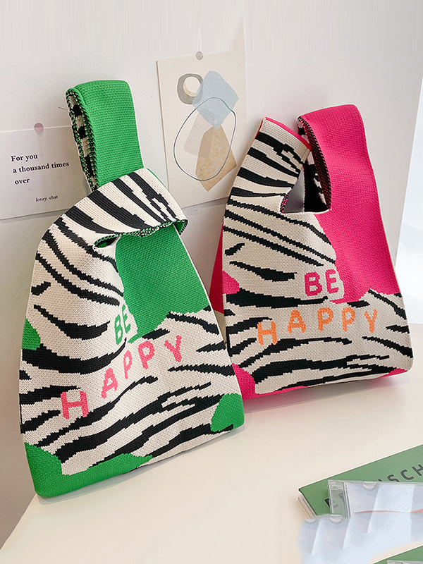 Letter Print Zebra-Stripe Bags Woven Handbag