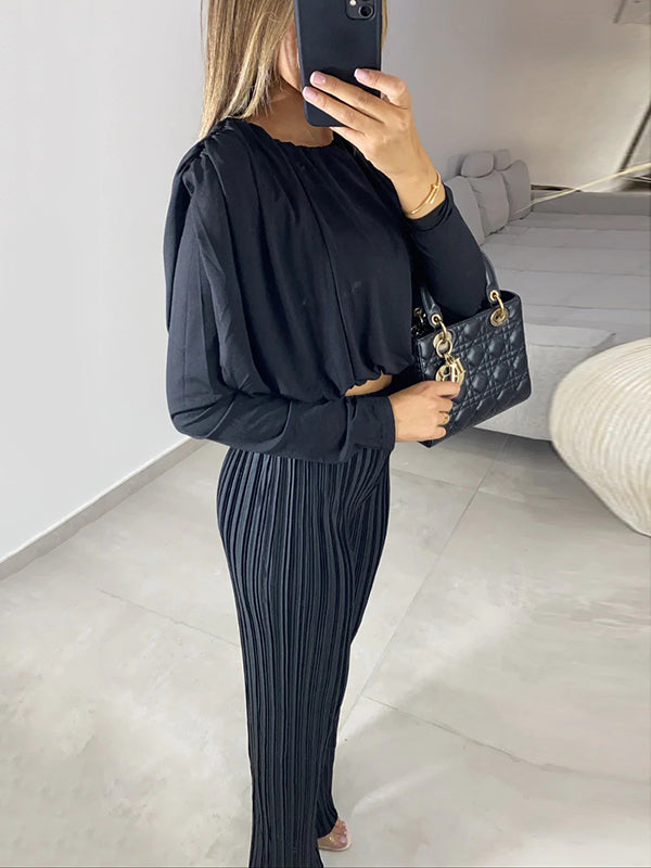 Long Sleeves Elasticity Pleated Solid Color Round-Neck Shirts Top + High Waisted Pants Bottom Two Pieces Set