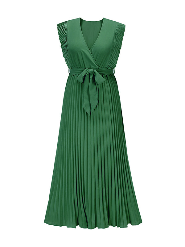 Loose Sleeveless Floral Pleated Solid Color Split-Joint Tied Waist V-Neck Maxi Dresses