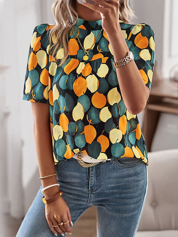 Loose Short Sleeves Leaves Print Split-Joint Mock Neck T-Shirts Tops