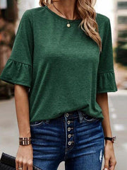 Ruffle Sleeves Asymmetric Buttoned Solid Color Split-Joint Round-Neck T-Shirts Tops