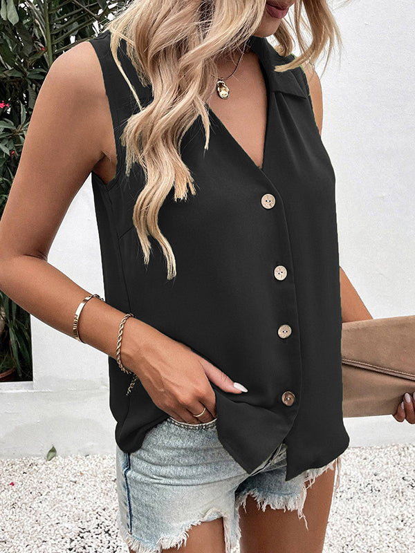 Loose Sleeveless Buttoned Solid Color Split-Joint V-Neck Vest Top