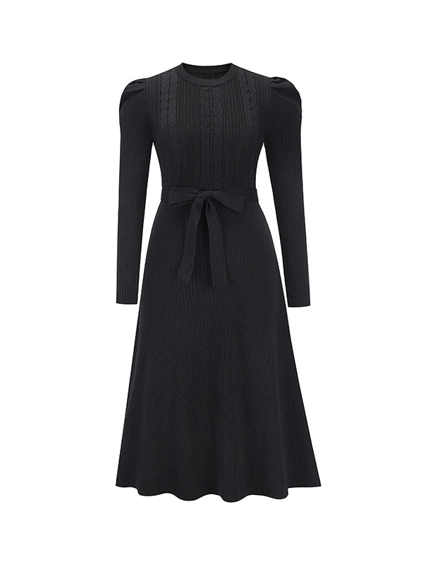 High Waisted Long Sleeves Solid Color Tied Waist Round-Neck Midi Dresses Sweater Dresses