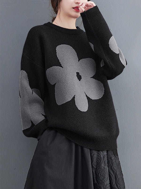 Casual Loose Long Sleeves Contrast Color Jacquard Round-Neck Sweater Tops