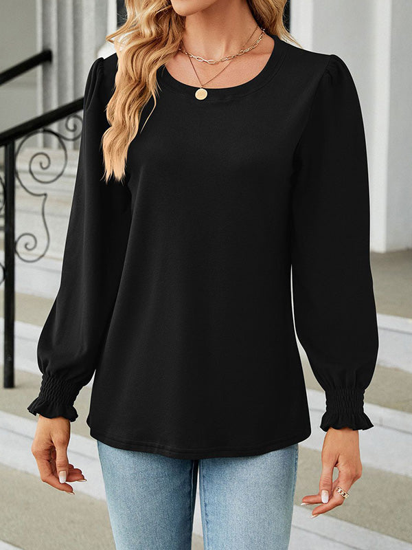 Long Sleeves Loose Elasticity Solid Color Round-Neck T-Shirts Tops