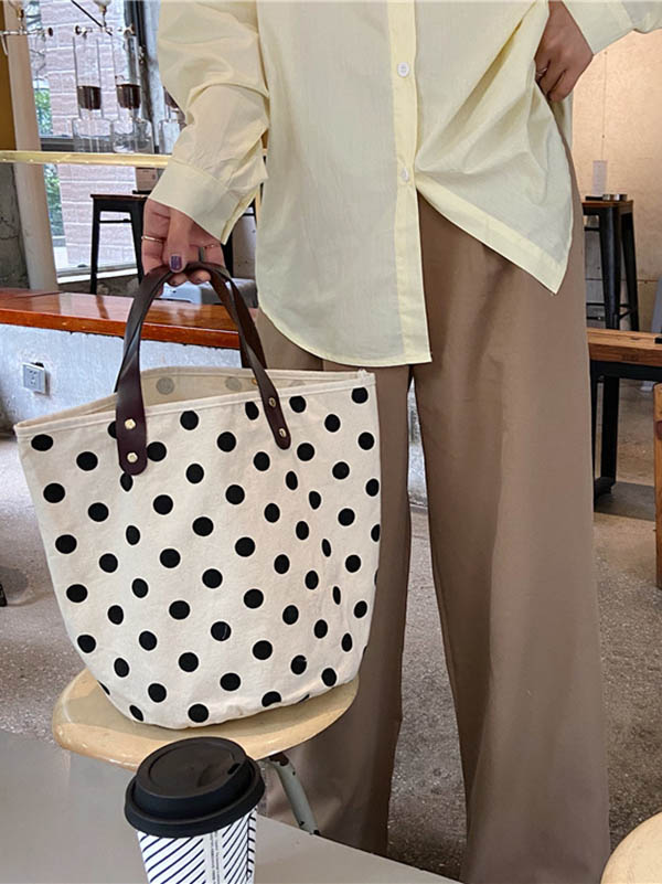 Vintage Canvas Polka-Dot Printed Makeup Tote Bag Bucket Bag