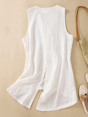 Loose Sleeveless Buttoned Solid Color V-Neck Vest Top