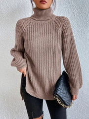 Long Sleeves Loose Solid Color Split-Side High Neck Pullovers Sweater Tops