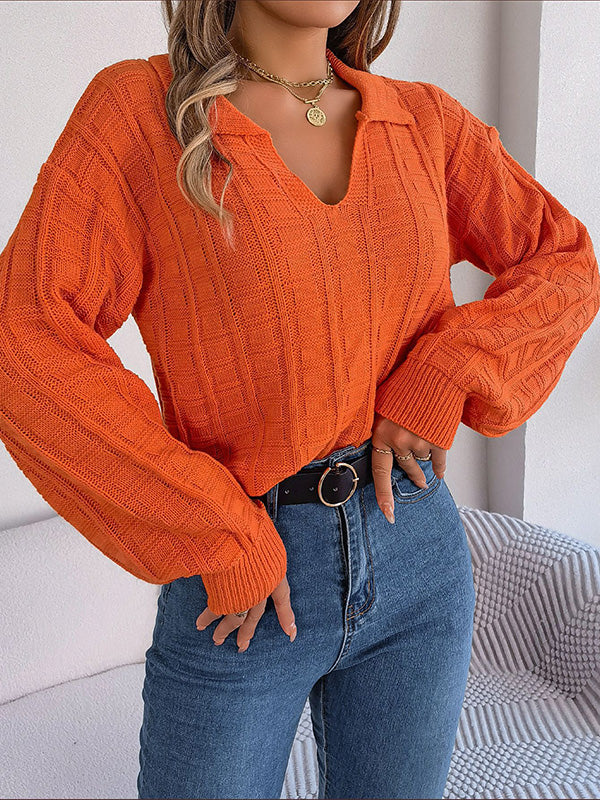 Long Sleeves Loose Solid Color Lapel Pullovers Sweater Tops