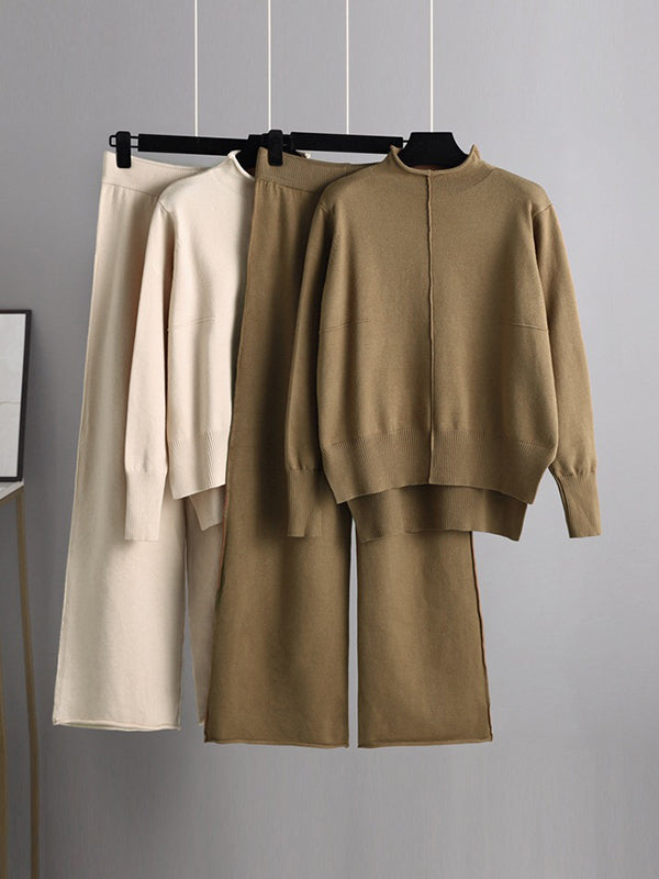 Stylish High-Low Long Sleeves Split-Side Solid Half Turtleneck Sweater Tops & Wide Leg Pants Two Pieces Set