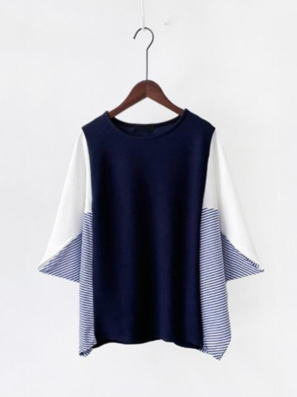 Batwing Sleeves Loose Contrast Color Split-Joint Round-Neck T-Shirts Tops