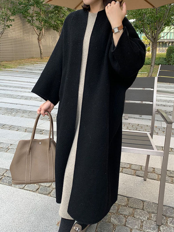 Long Sleeves Loose Solid Color Collarless Woolen Coat