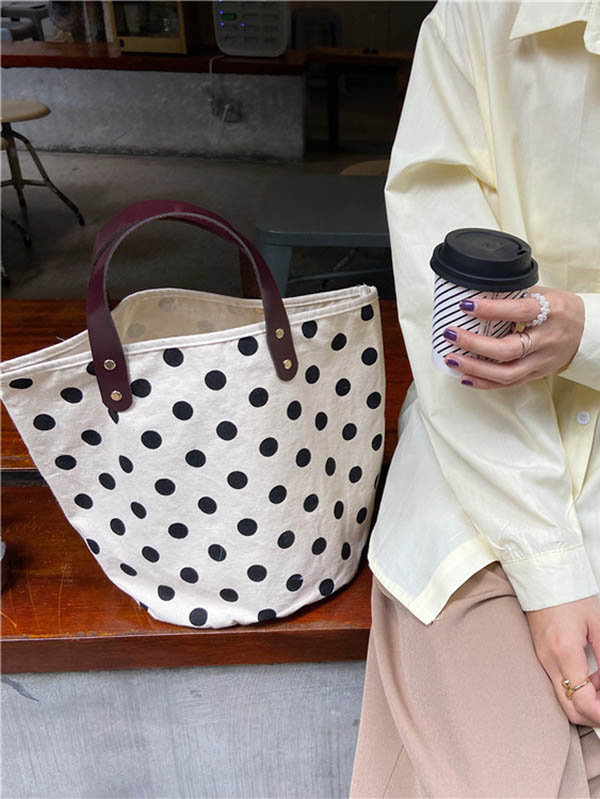 Vintage Canvas Polka-Dot Printed Makeup Tote Bag Bucket Bag