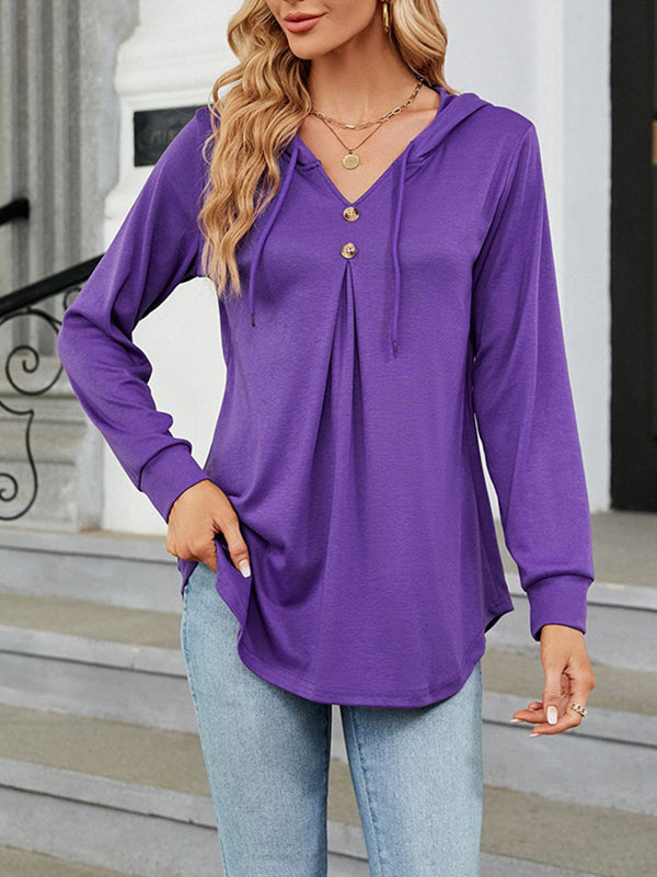 Long Sleeves Loose Buttoned Drawstring Hooded Solid Color V-Neck T-Shirts Tops