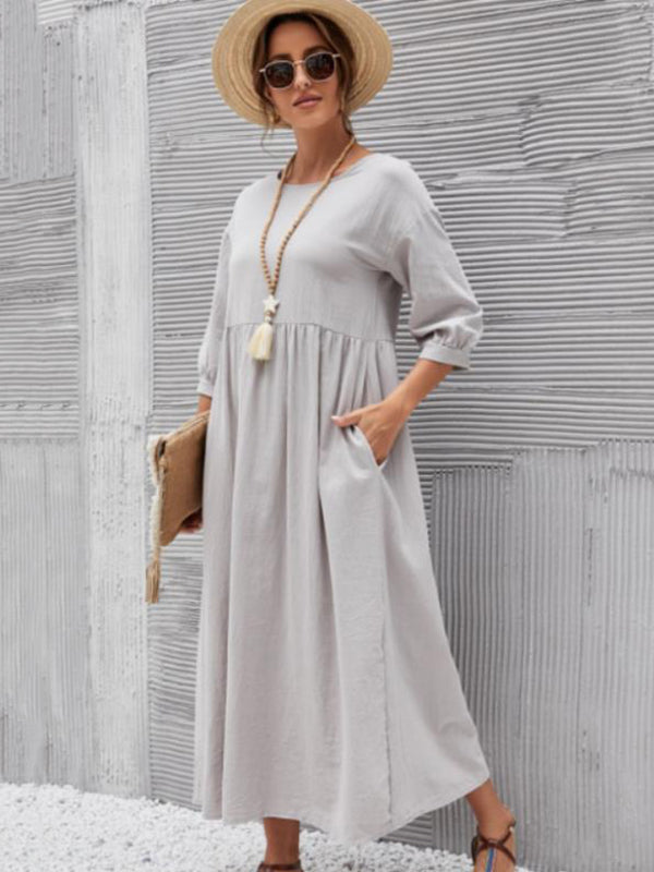 11 Colors Simple Round-Neck Solid Color Midi Dress