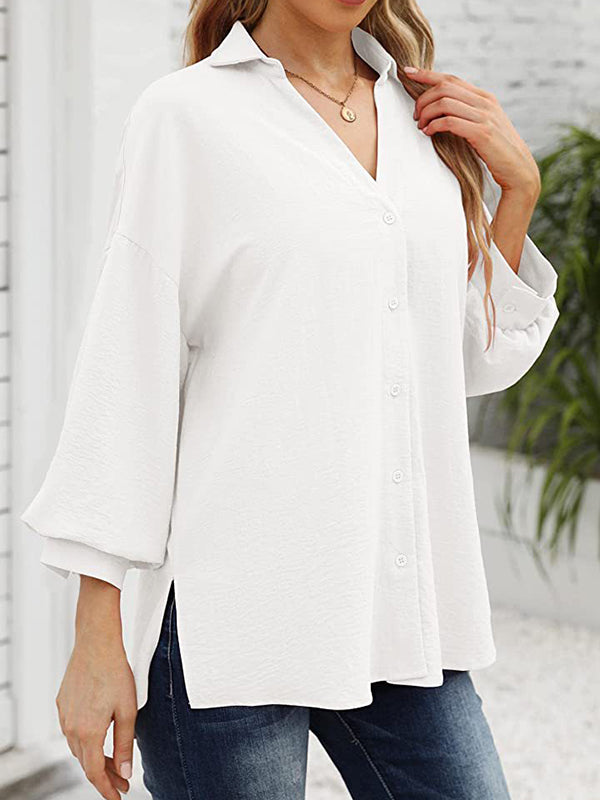 Loose Puff  Three-Quarter Sleeves Solid Color Lapel Blouses