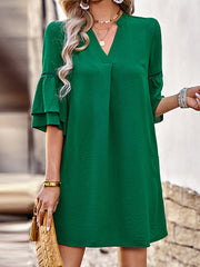 Flared Sleeves Loose Hollow Solid Color Split-Joint V-Neck Mini Dresses