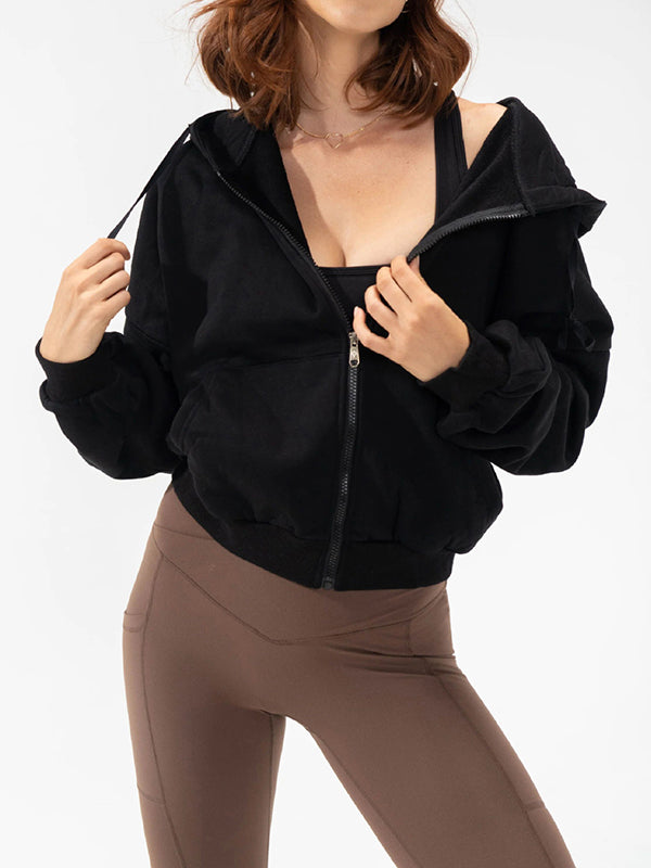 Hooded Long Sleeves Drawstring Pockets Solid Color Zipper Jackets Outerwear